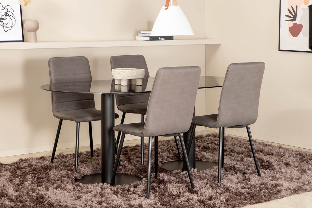 Pillan Eethoek Eetkamertafel Zwart Glas Marmer Decor En 4 Windu Lyx Eetkamerstal Grijs.