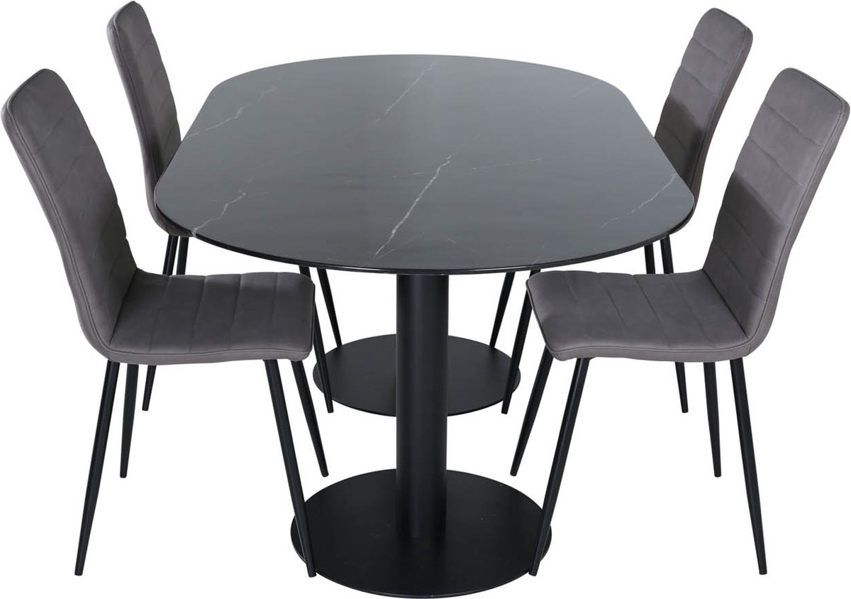Pillan Eethoek Eetkamertafel Zwart Glas Marmer Decor En 4 Windu Lyx Eetkamerstal Grijs.