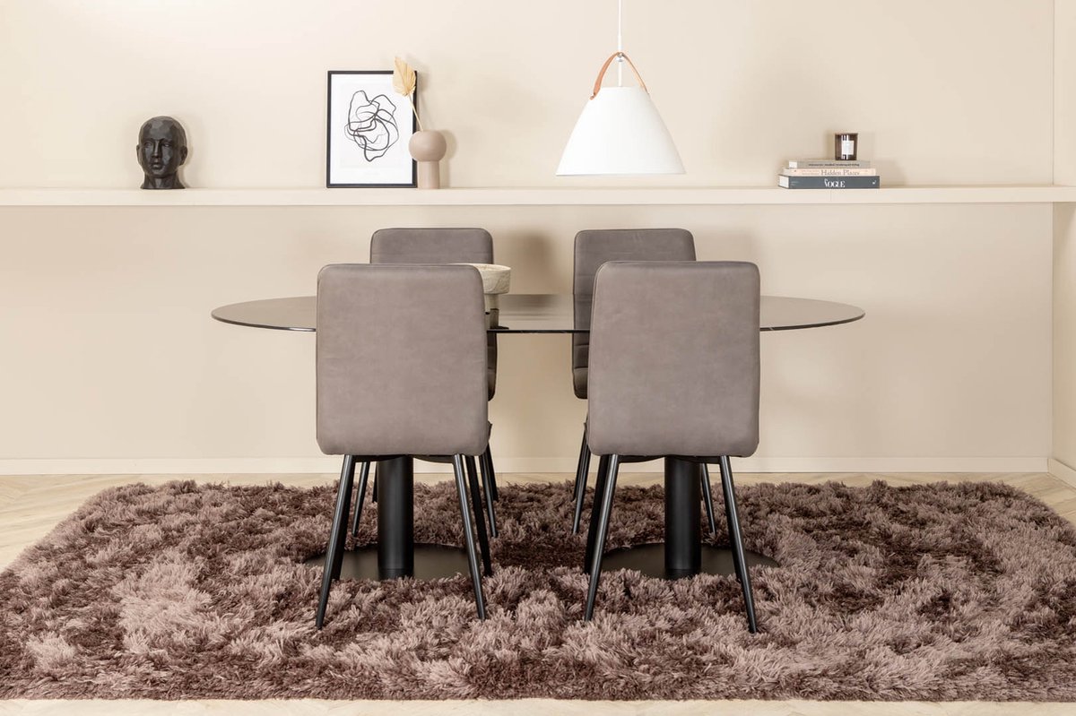Pillan Eethoek Eetkamertafel Zwart Glas Marmer Decor En 4 Windu Lyx Eetkamerstal Grijs.
