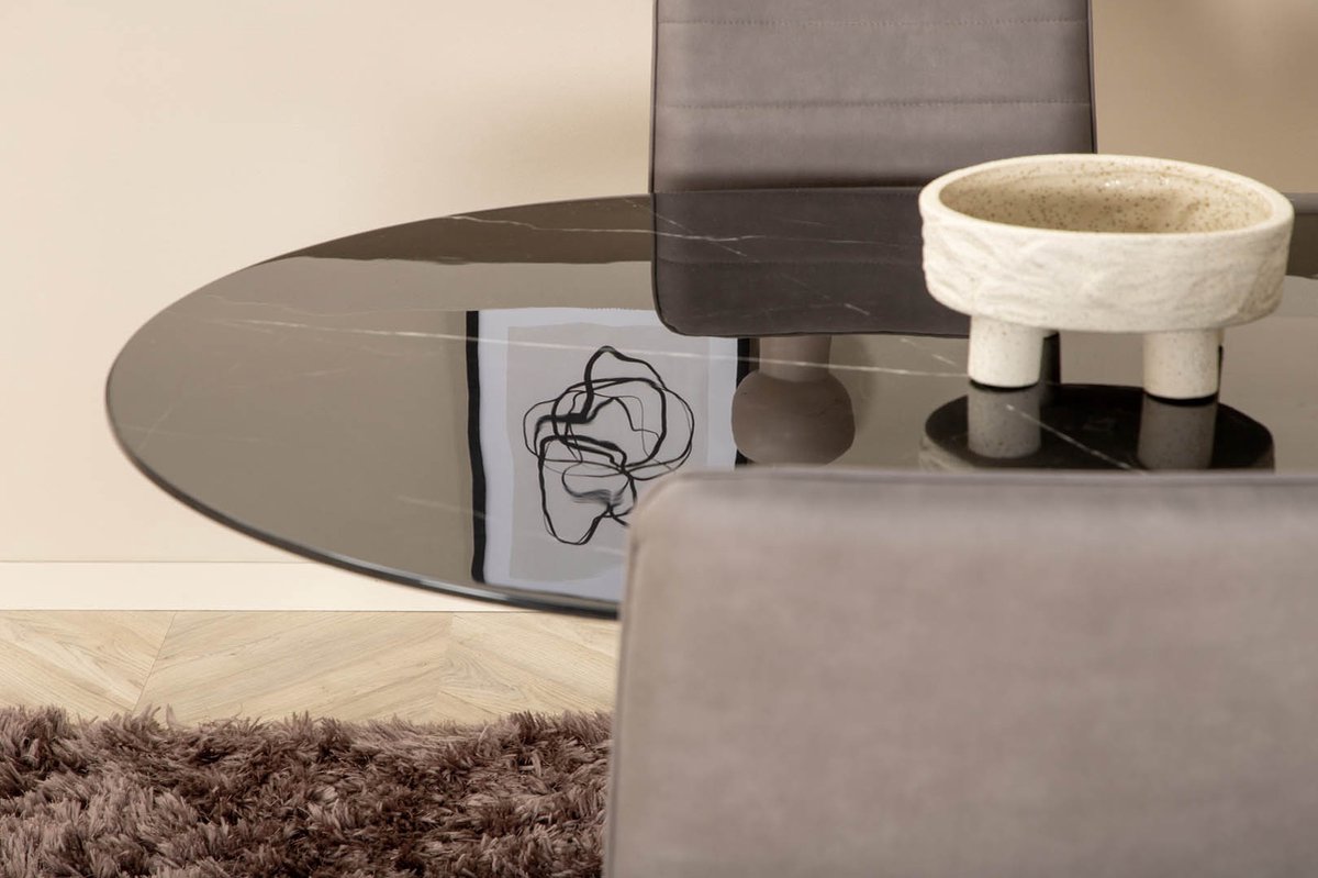 Pillan Eethoek Eetkamertafel Zwart Glas Marmer Decor En 4 Windu Lyx Eetkamerstal Grijs.
