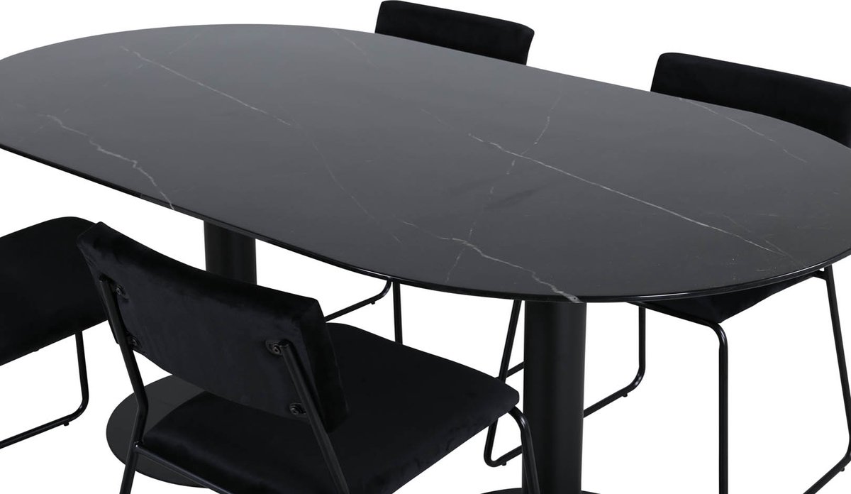 Pillan Eethoek Eetkamertafel Glas Marmer Decor En 4 Kenth Eetkamerstal Velours. - Zwart