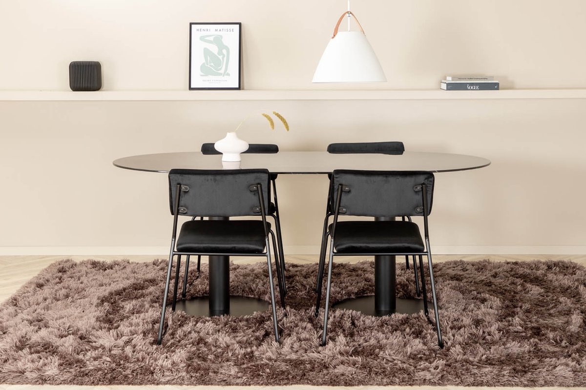 Pillan Eethoek Eetkamertafel Glas Marmer Decor En 4 Kenth Eetkamerstal Velours. - Zwart