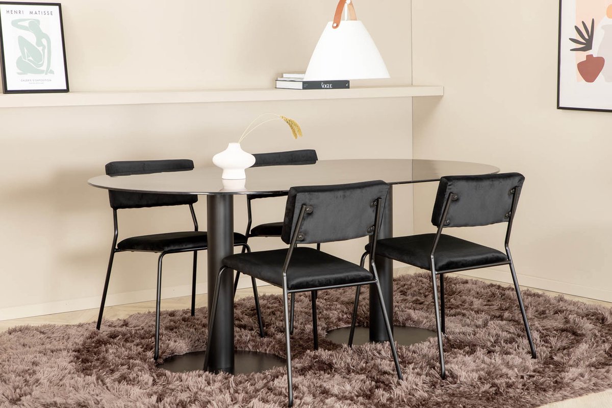Pillan Eethoek Eetkamertafel Glas Marmer Decor En 4 Kenth Eetkamerstal Velours. - Zwart