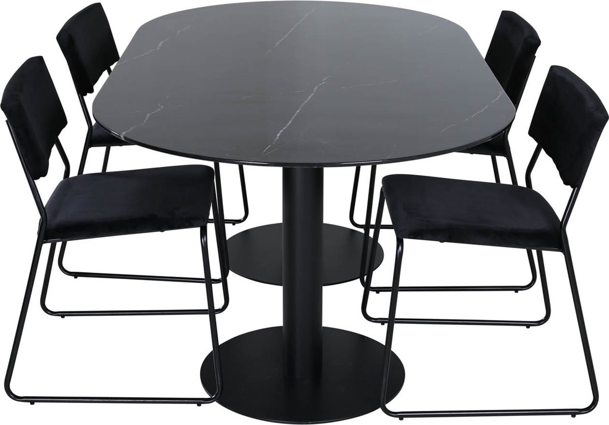 Pillan Eethoek Eetkamertafel Glas Marmer Decor En 4 Kenth Eetkamerstal Velours. - Zwart