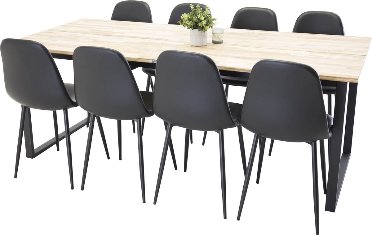 Cirebonbl Eethoek Eetkamertafel Teakhout En 8 Polar Eetkamerstal Pu Kunstleer Zwart Pu Kunstleer. - Bruin