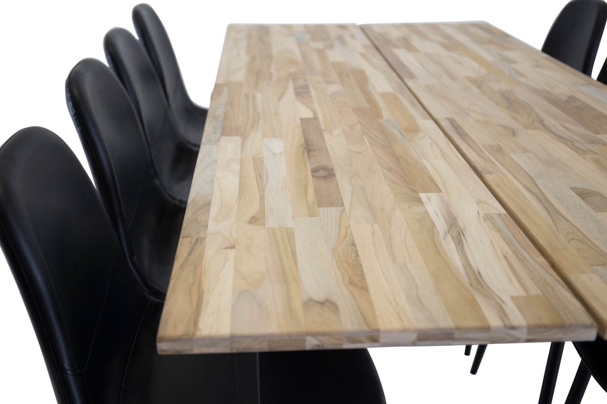 Cirebonbl Eethoek Eetkamertafel Teakhout En 8 Polar Eetkamerstal Pu Kunstleer Zwart Pu Kunstleer. - Bruin