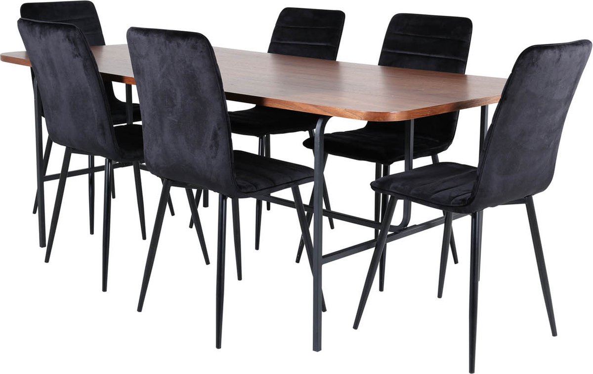 Unowa Eethoek Eetkamertafel Okkernoot Decor En 6 Windu Lyx Eetkamerstal Velours Zwart.