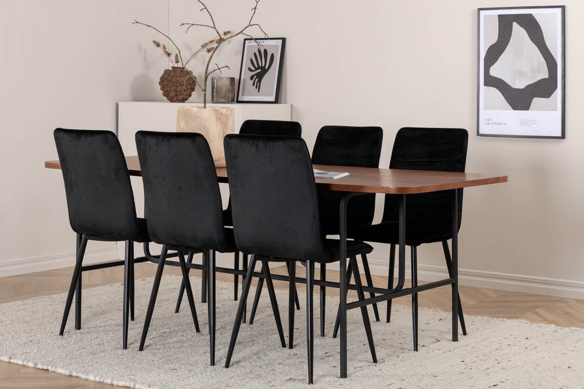 Unowa Eethoek Eetkamertafel Okkernoot Decor En 6 Windu Lyx Eetkamerstal Velours Zwart.