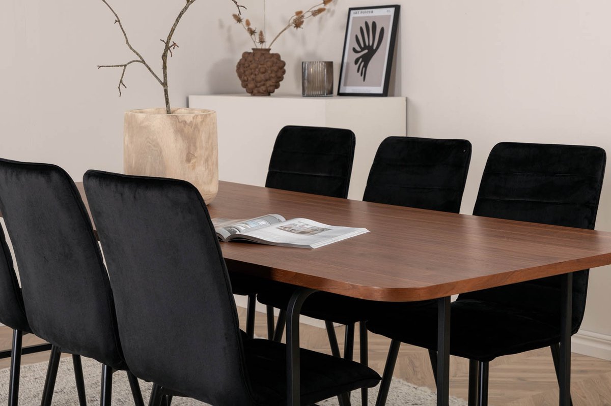 Unowa Eethoek Eetkamertafel Okkernoot Decor En 6 Windu Lyx Eetkamerstal Velours Zwart.