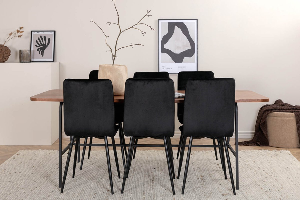 Unowa Eethoek Eetkamertafel Okkernoot Decor En 6 Windu Lyx Eetkamerstal Velours Zwart.