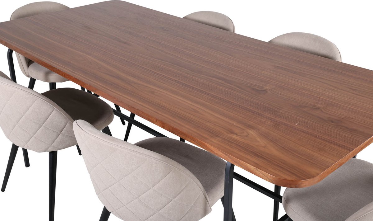 Unowa Eethoek Eetkamertafel Okkernoot Decor En 6 Velvet Stitches Eetkamerstal Beige. - Bruin