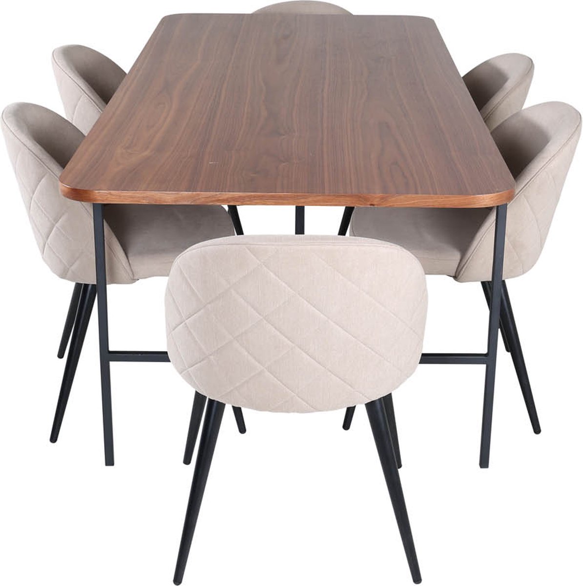 Unowa Eethoek Eetkamertafel Okkernoot Decor En 6 Velvet Stitches Eetkamerstal Beige. - Bruin