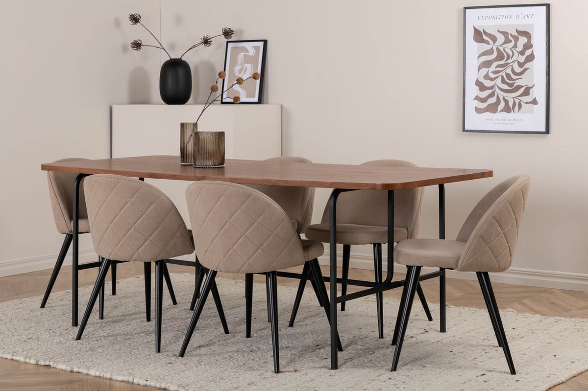 Unowa Eethoek Eetkamertafel Okkernoot Decor En 6 Velvet Stitches Eetkamerstal Beige. - Bruin