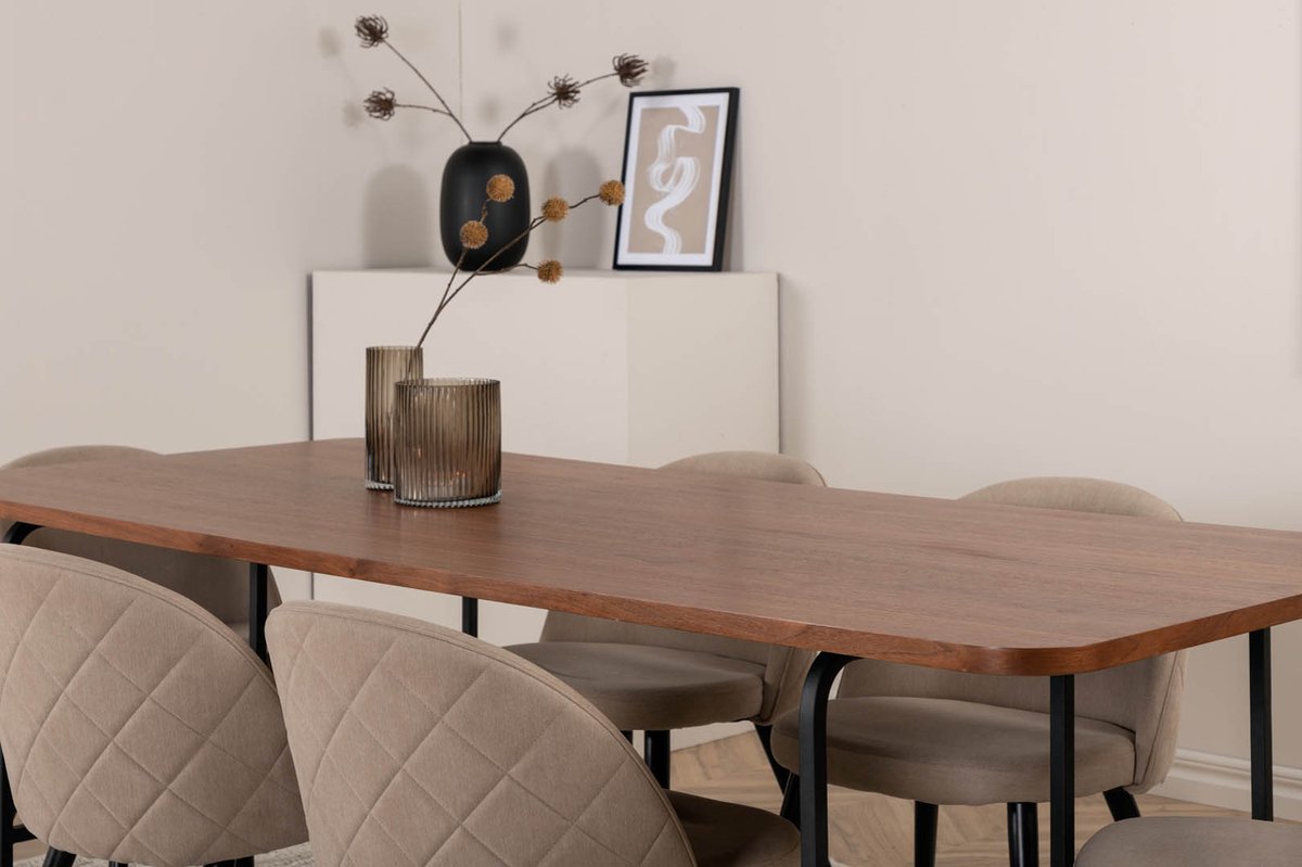 Unowa Eethoek Eetkamertafel Okkernoot Decor En 6 Velvet Stitches Eetkamerstal Beige. - Bruin