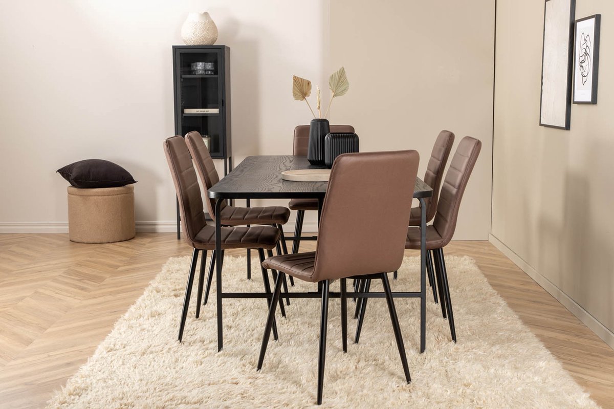 Unobl Eethoek Eetkamertafel En 6 Windu Lyx Eetkamerstal Bruin. - Zwart