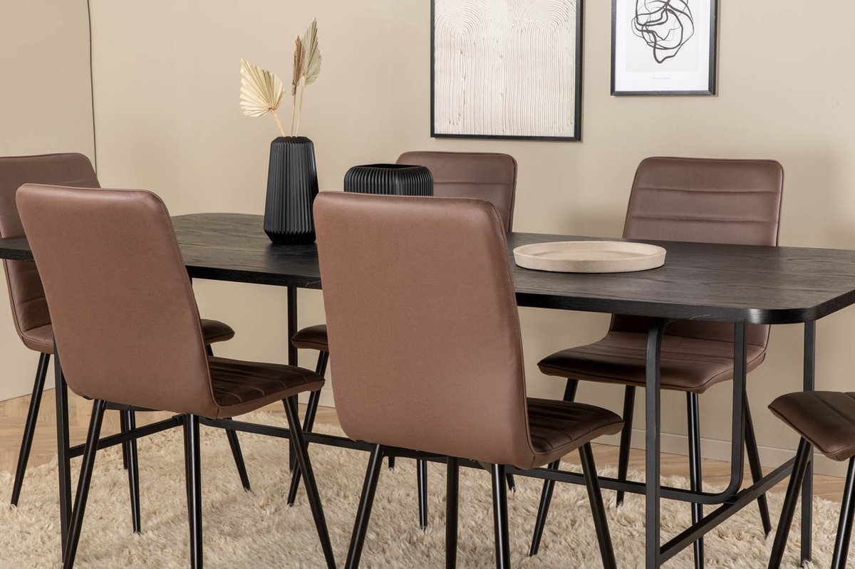 Unobl Eethoek Eetkamertafel En 6 Windu Lyx Eetkamerstal Bruin. - Zwart
