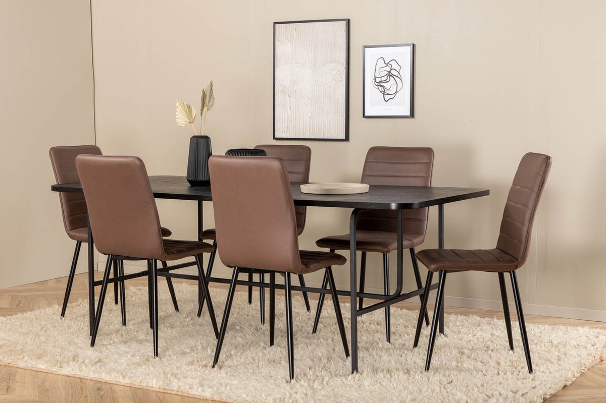 Unobl Eethoek Eetkamertafel En 6 Windu Lyx Eetkamerstal Bruin. - Zwart