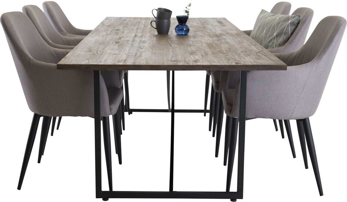 Padang Eethoek Eetkamertafel Teakhout En 6 Comfort Eetkamerstal Grijs.