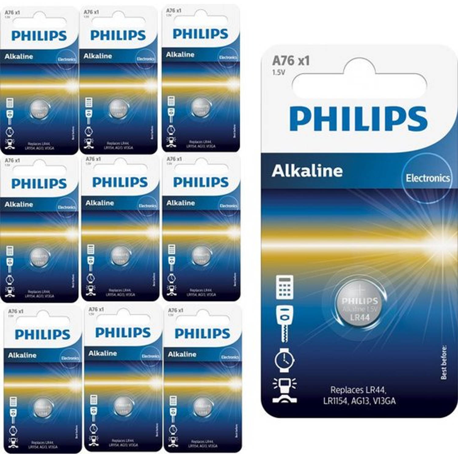 Philips 10 Stuks - Lr44/76a 1.5v Alkaline Knoopcel Batterij