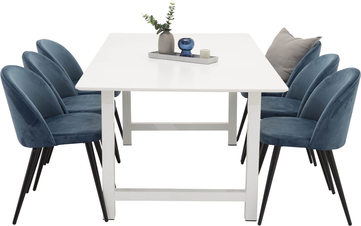 Countwh Eethoek Eetkamertafel Wit En 6 Velvet Eetkamerstal Velours Blauw, Zwart.