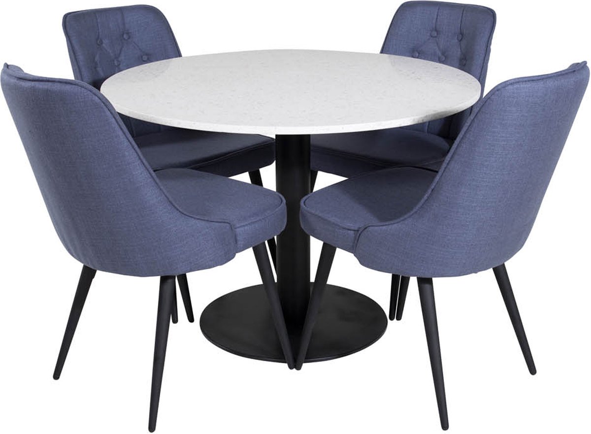 Razziawh Eethoek Eetkamertafel Terazzo Wit En 4 Velvet Deluxe Eetkamerstal Blauw, Zwart.