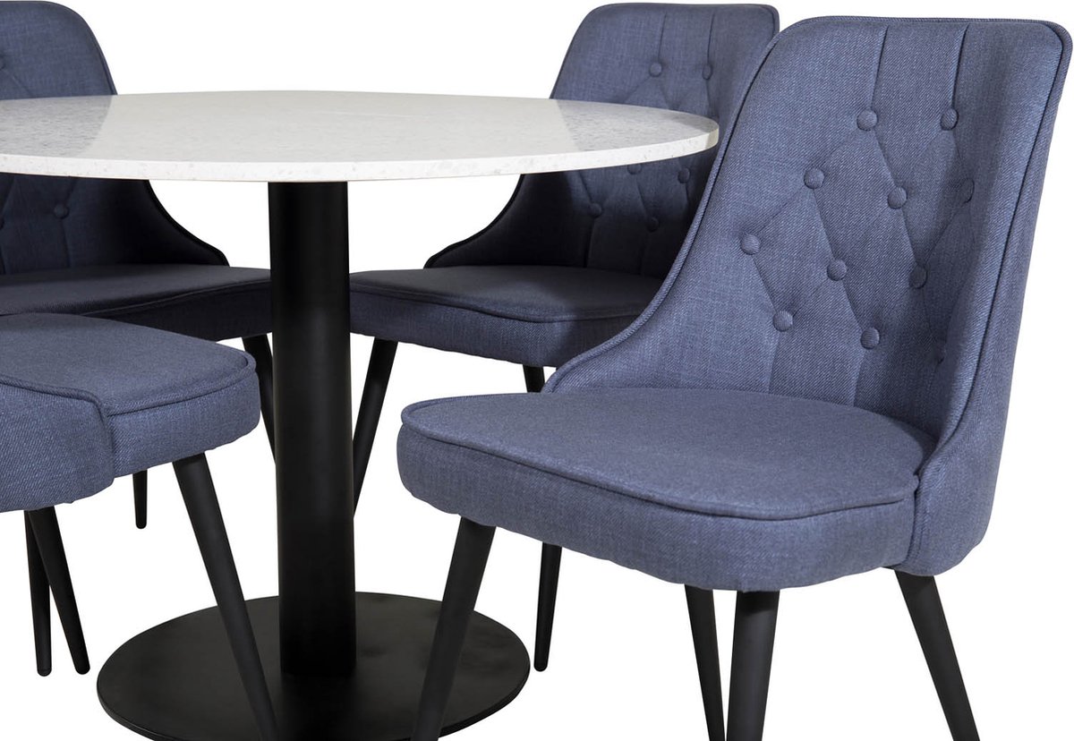 Razziawh Eethoek Eetkamertafel Terazzo Wit En 4 Velvet Deluxe Eetkamerstal Blauw, Zwart.