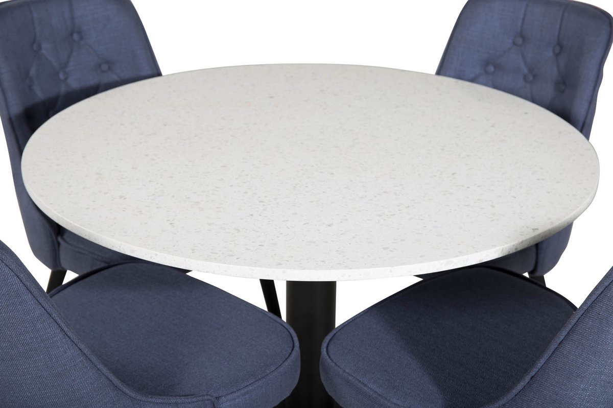 Razziawh Eethoek Eetkamertafel Terazzo Wit En 4 Velvet Deluxe Eetkamerstal Blauw, Zwart.