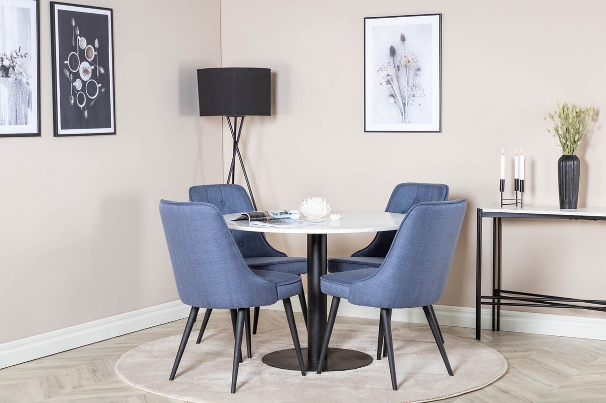 Razziawh Eethoek Eetkamertafel Terazzo Wit En 4 Velvet Deluxe Eetkamerstal Blauw, Zwart.
