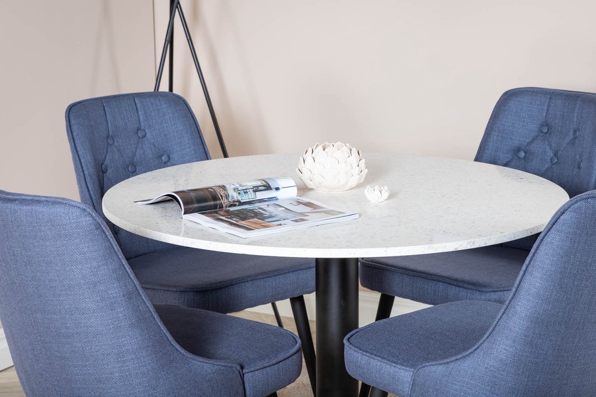 Razziawh Eethoek Eetkamertafel Terazzo Wit En 4 Velvet Deluxe Eetkamerstal Blauw, Zwart.