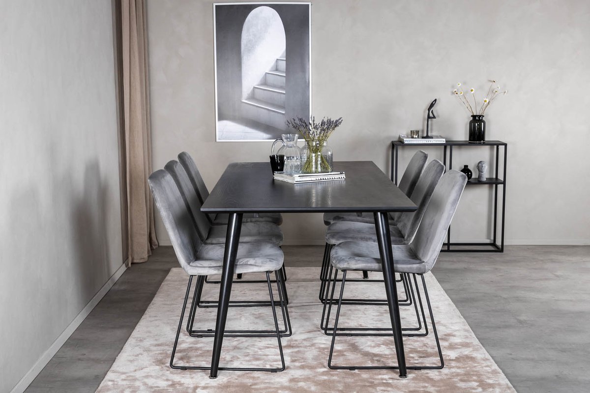 Dipp180x90blbl Eethoek Eetkamertafel Zwart En 6 Muce Eetkamerstal Velours Grijs.