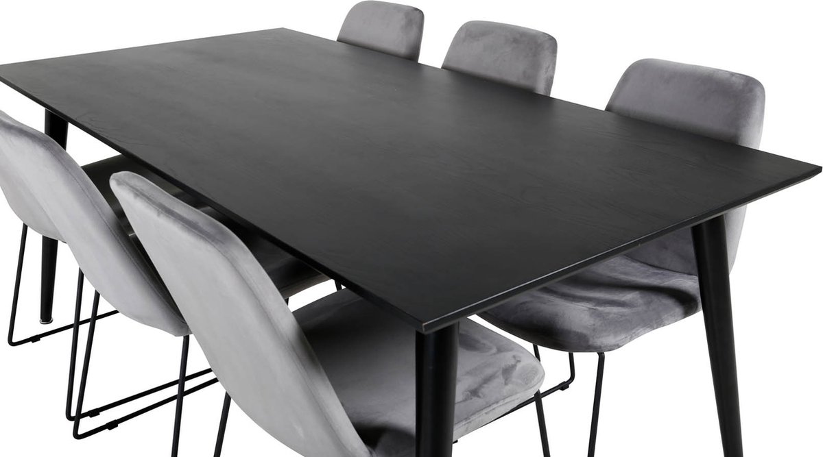 Dipp180x90blbl Eethoek Eetkamertafel Zwart En 6 Muce Eetkamerstal Velours Grijs.