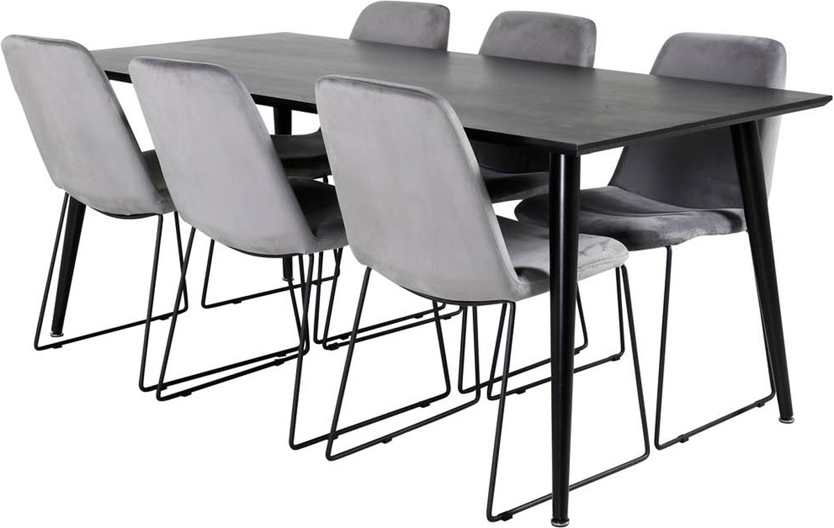 Dipp180x90blbl Eethoek Eetkamertafel Zwart En 6 Muce Eetkamerstal Velours Grijs.