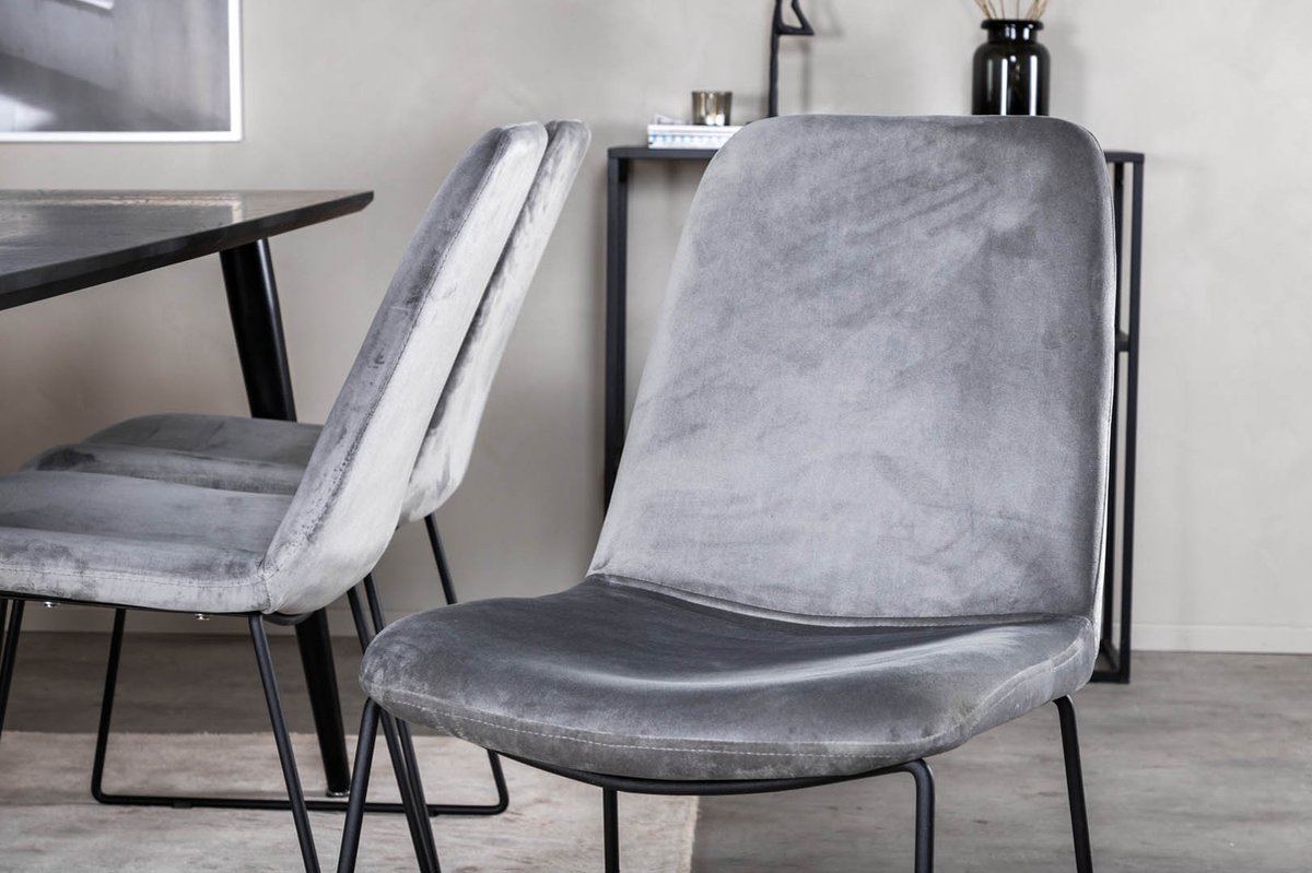 Dipp180x90blbl Eethoek Eetkamertafel Zwart En 6 Muce Eetkamerstal Velours Grijs.
