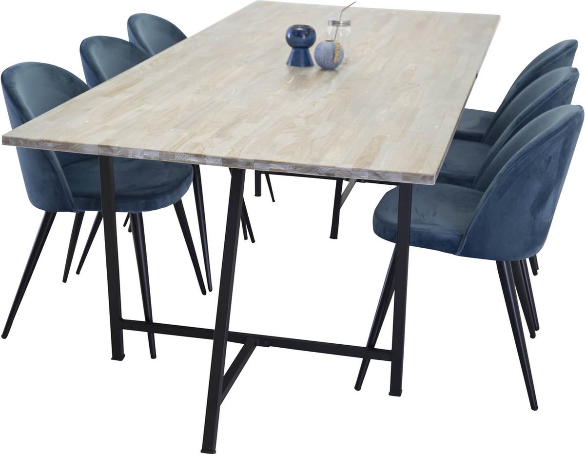 Jepara Eethoek Eetkamertafel Teakhout En 6 Velvet Eetkamerstal Velours Blauw, Zwart.