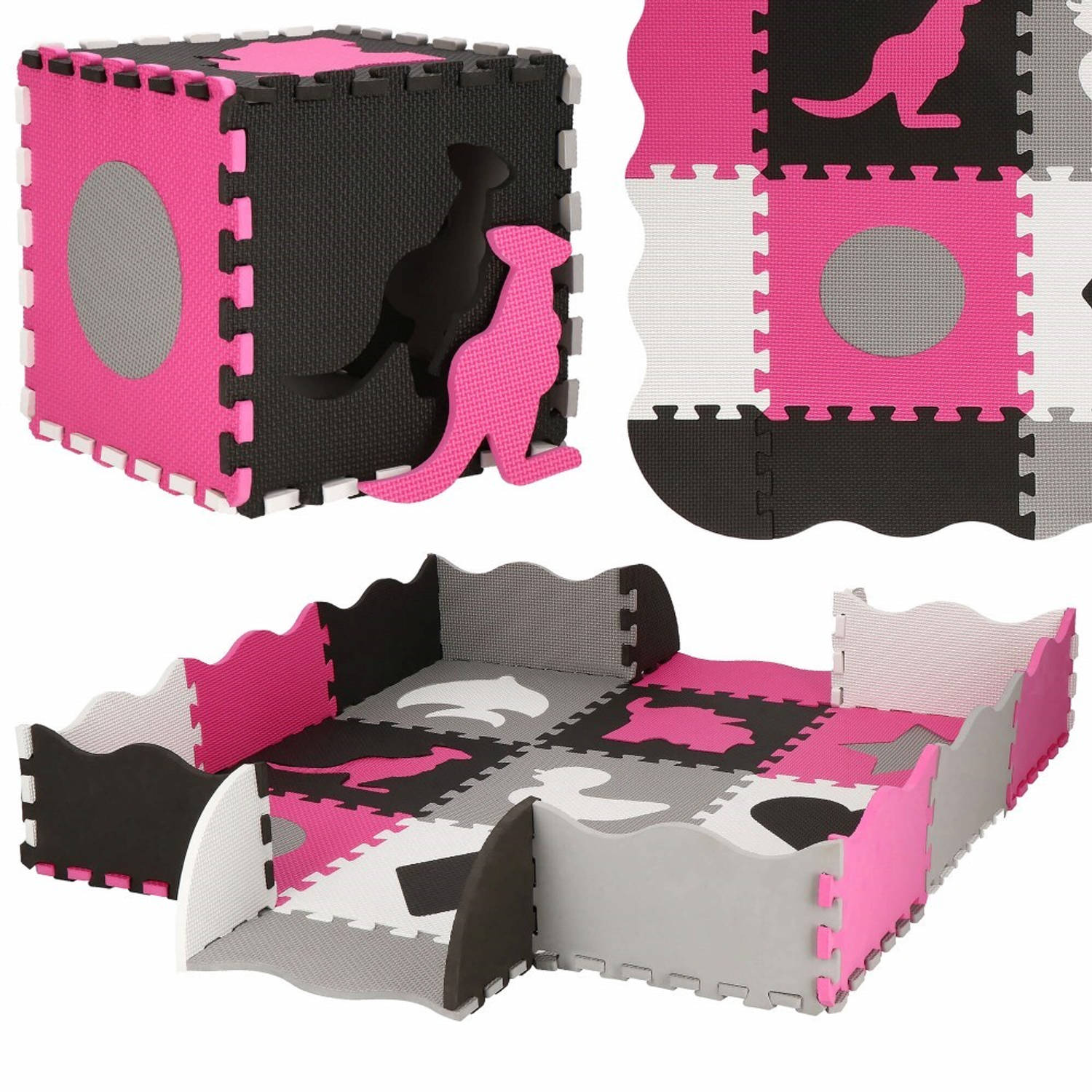 Speelmat Speelmat Foam Puzzelmat Figuren 9 Puzzelstukken 120 X 120 Cm Roze/grijs/zwart/wit