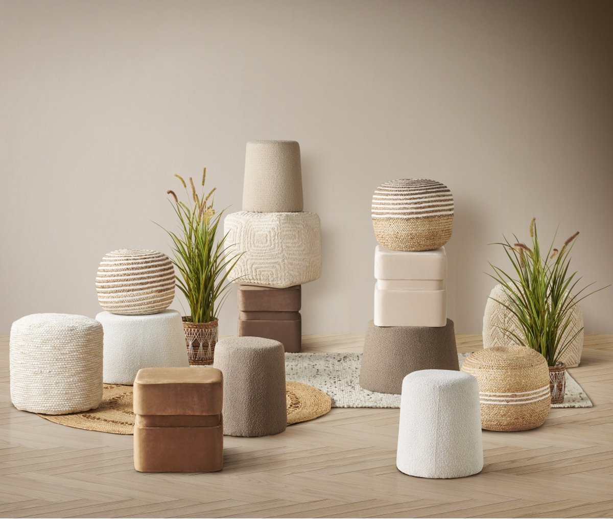 Light & Living Poef Lauryn Naturel - Beige