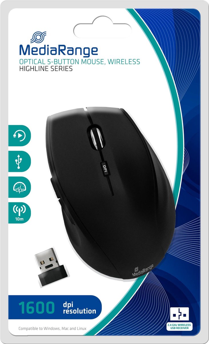 MediaRange MROS208 muis RF Draadloos Optisch 1600 DPI Rechtshandig - Zwart