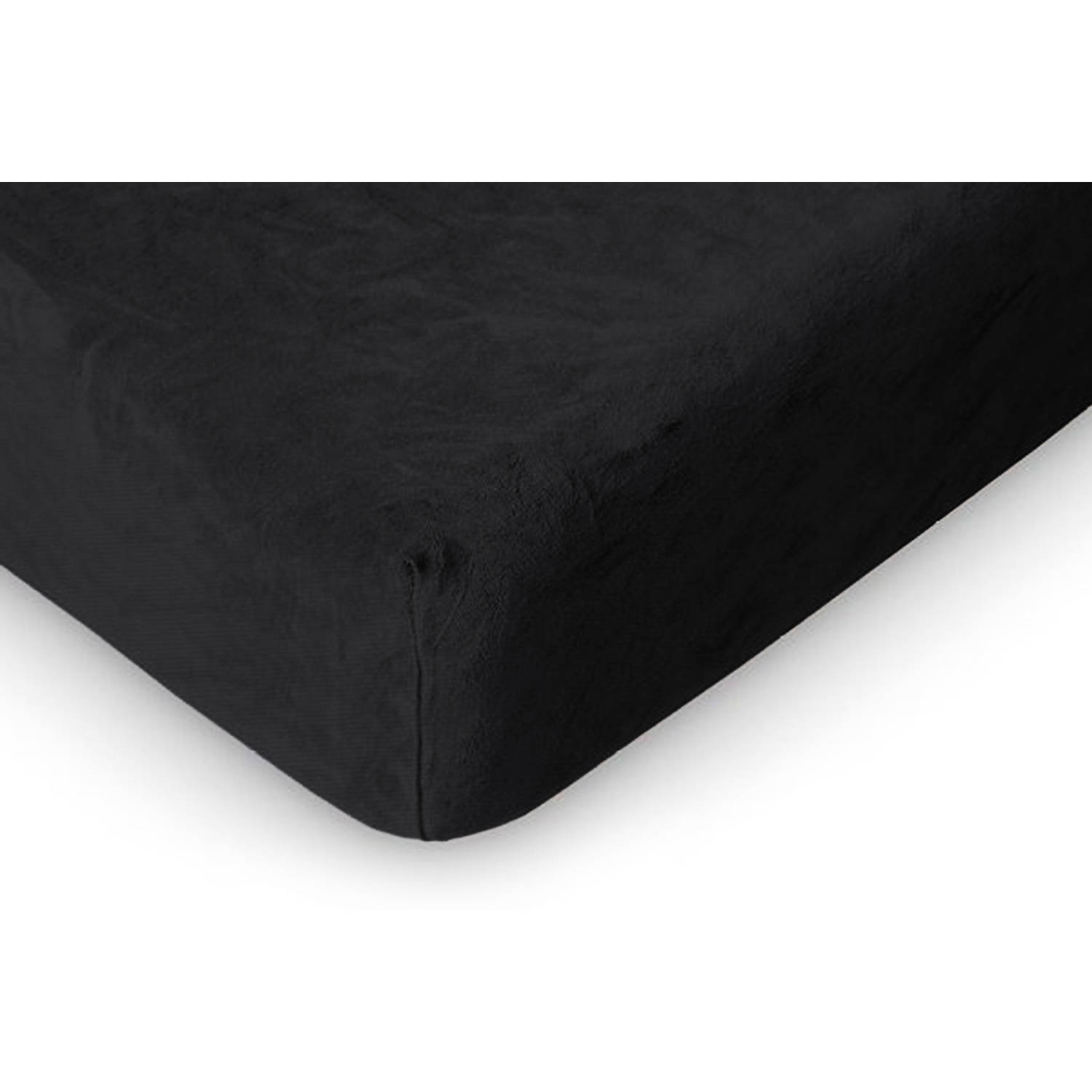 Linnick Badstof Velours Hoeslaken - Black - Lits Jumeaux - 180x210/220-200x200cm - Zwart