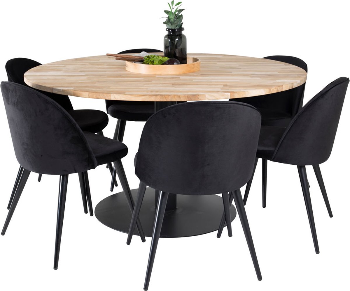 Cirebon140 Eethoek Eetkamertafel Teakhout En 6 Velvet Eetkamerstal Velours Zwart.