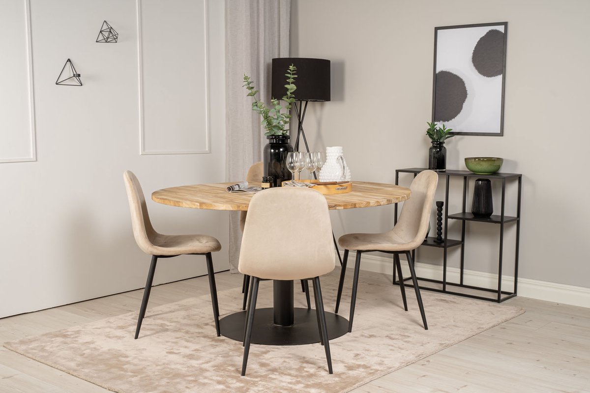 Cirebon140 Eethoek Eetkamertafel Teakhout En 4 Polar Eetkamerstal Velours Beige. - Bruin