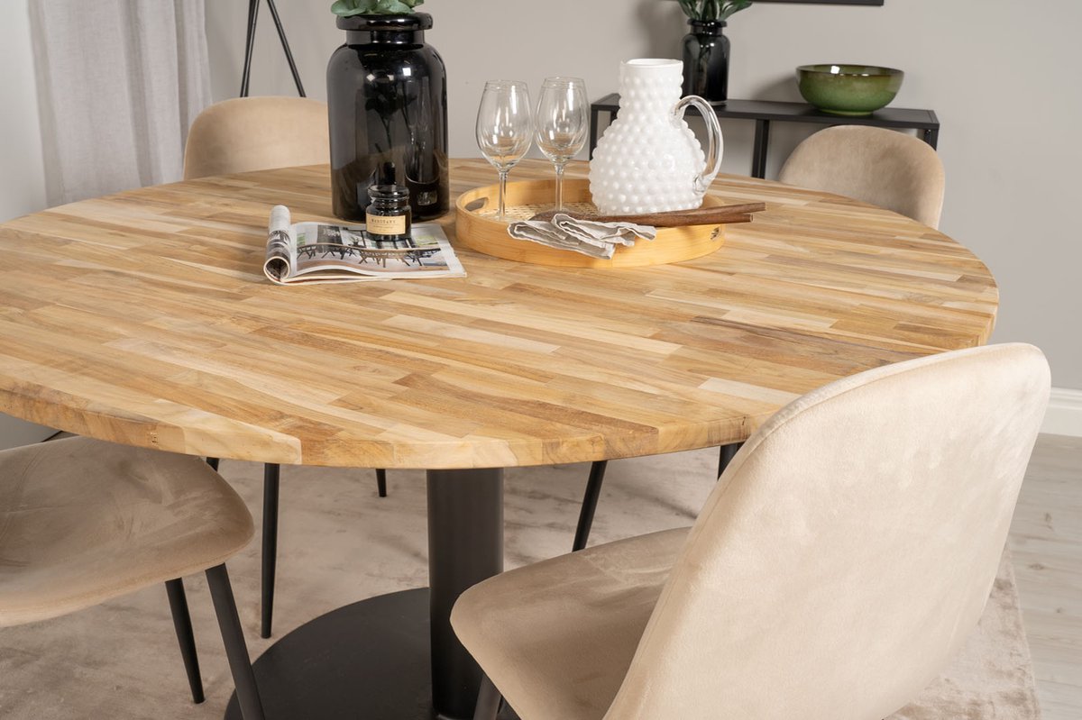 Cirebon140 Eethoek Eetkamertafel Teakhout En 4 Polar Eetkamerstal Velours Beige. - Bruin