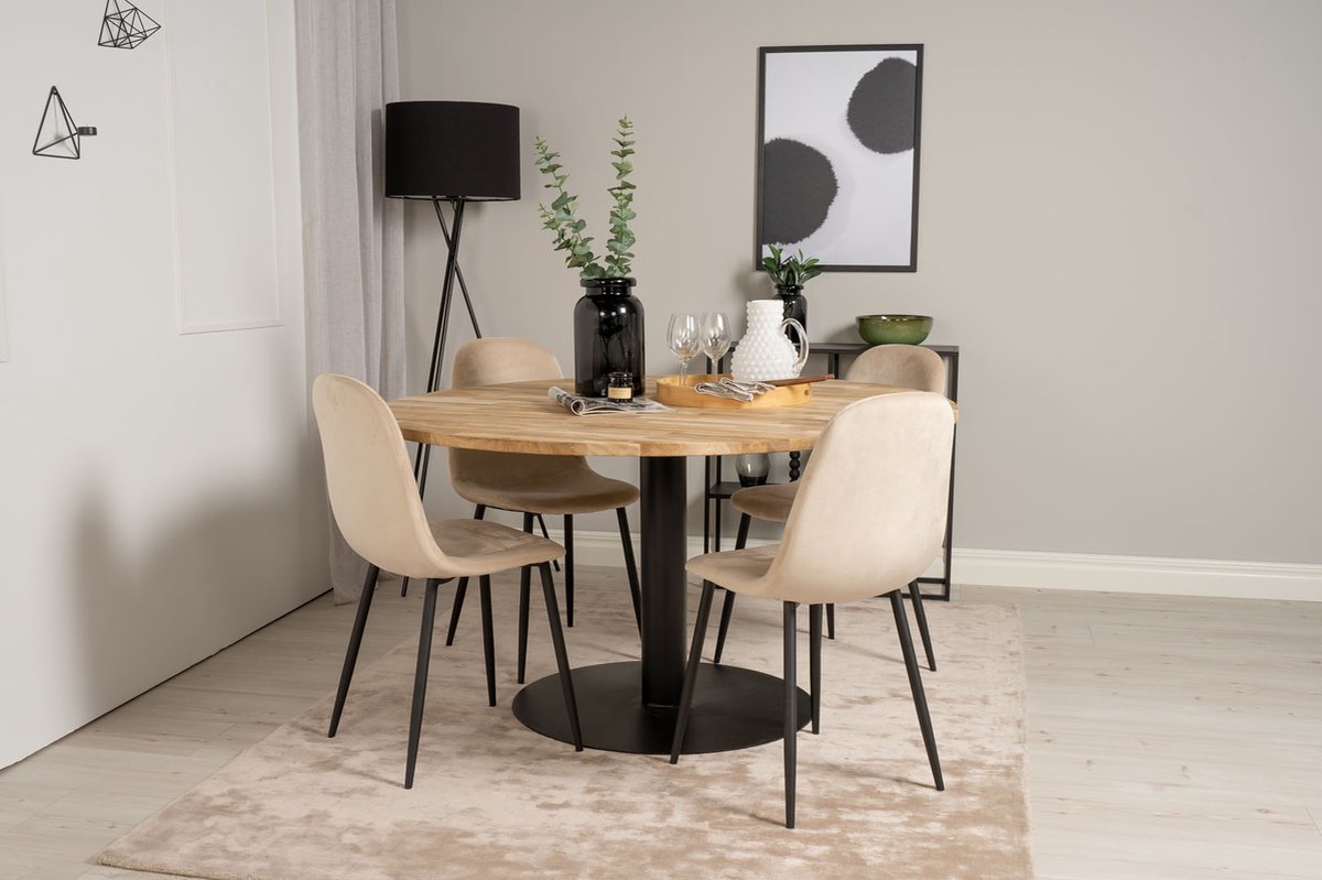 Cirebon140 Eethoek Eetkamertafel Teakhout En 4 Polar Eetkamerstal Velours Beige. - Bruin