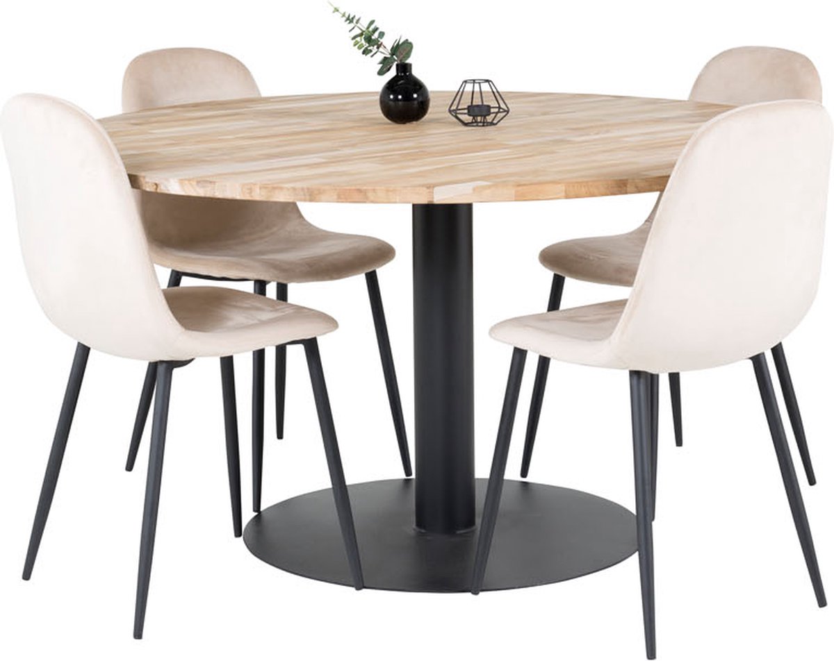 Cirebon140 Eethoek Eetkamertafel Teakhout En 4 Polar Eetkamerstal Velours Beige. - Bruin