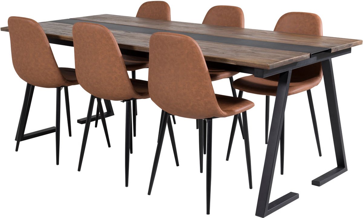 Jakarta Eethoek Eetkamertafel Teakhout En 6 Polar Eetkamerstal Pu Kunstleer. - Bruin
