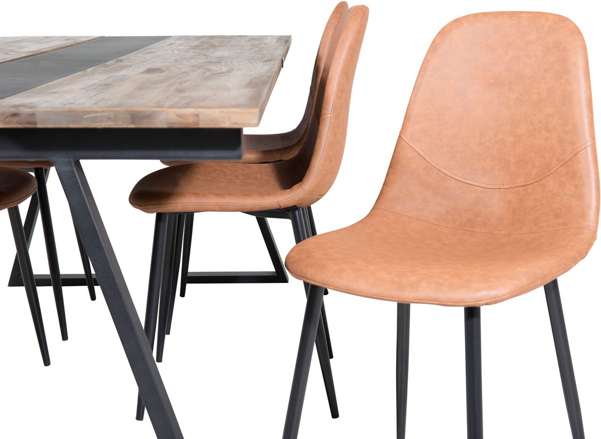 Jakarta Eethoek Eetkamertafel Teakhout En 6 Polar Eetkamerstal Pu Kunstleer. - Bruin