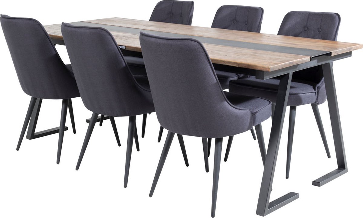 Jakarta Eethoek Eetkamertafel Teakhout En 6 Velvet Deluxe Eetkamerstal Zwart.