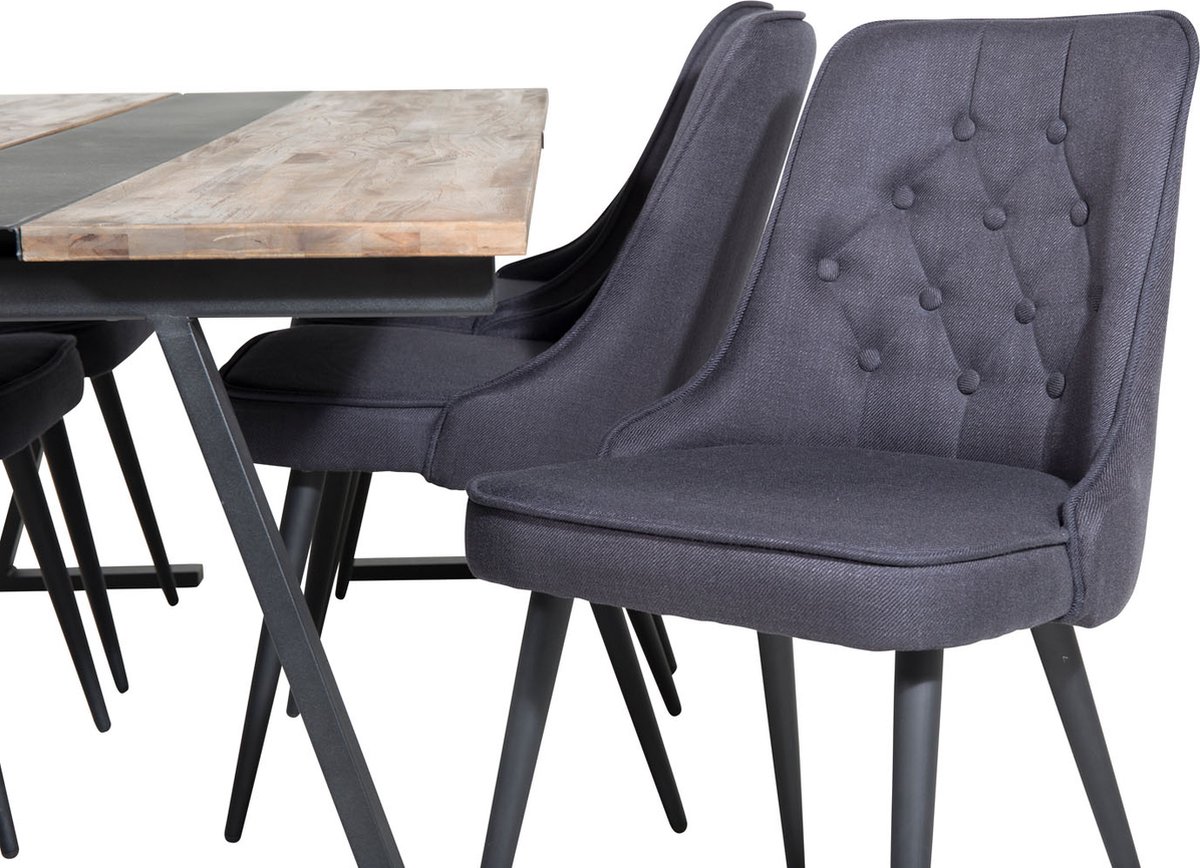 Jakarta Eethoek Eetkamertafel Teakhout En 6 Velvet Deluxe Eetkamerstal Zwart.
