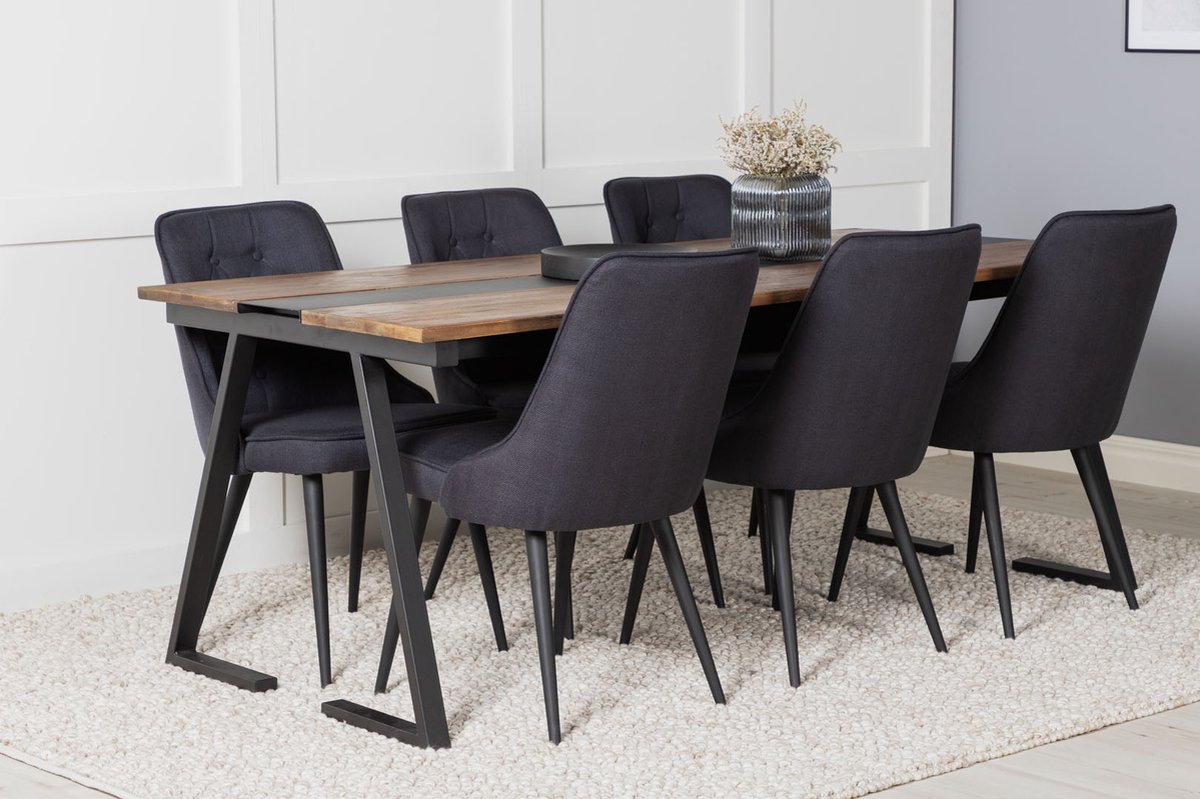 Jakarta Eethoek Eetkamertafel Teakhout En 6 Velvet Deluxe Eetkamerstal Zwart.