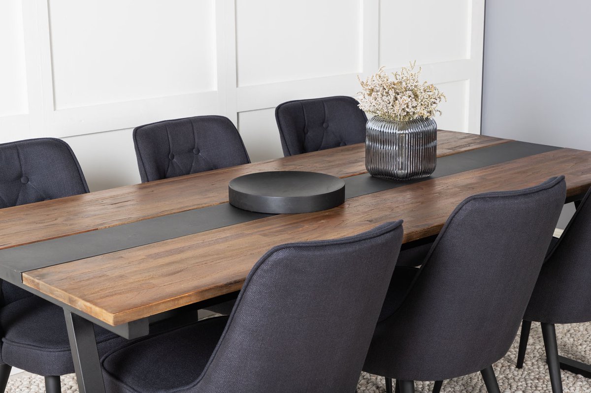 Jakarta Eethoek Eetkamertafel Teakhout En 6 Velvet Deluxe Eetkamerstal Zwart.