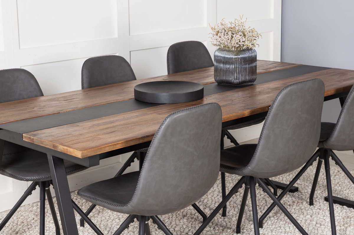 Jakarta Eethoek Eetkamertafel Teakhout En 6 Polar Eetkamerstal Pu Kunstleer Zwart. - Bruin